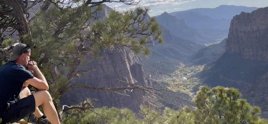 Peter Pendleton overlooking Zion Canyon from Angels Landing