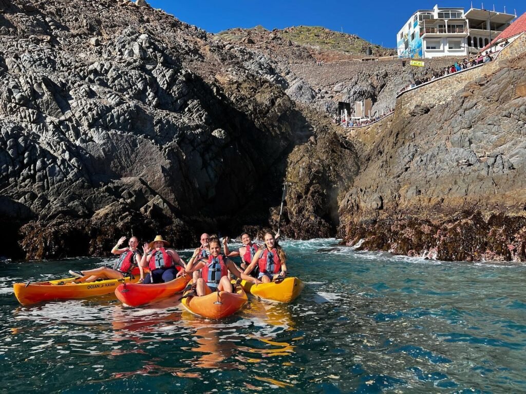 Peter Pendleton and family kayaking at La Bufadora in Ensenada, Mexico