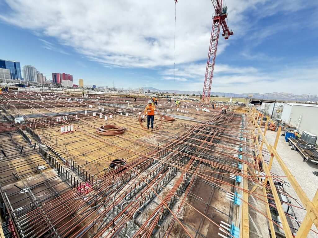 Post-tensioned deck with tendons and rebar placed on level 3