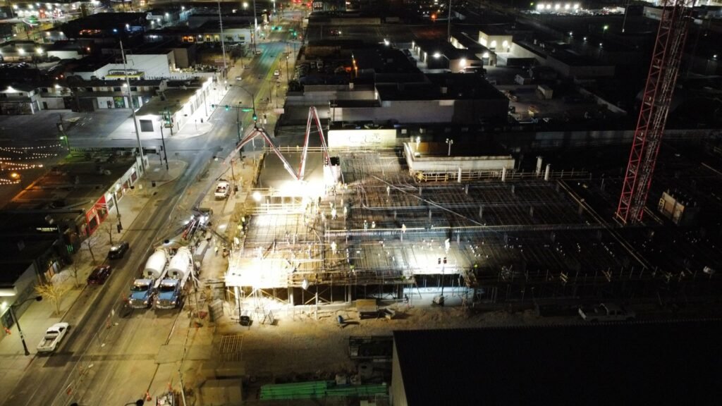 Aerial view of a night deck pour on a Las Vegas multifamily project