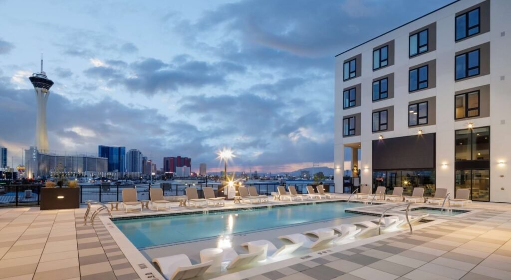 Completed rooftop pool deck overlooking the Las Vegas skyline