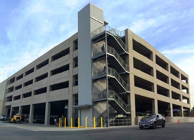 Completed cast-in-place parking structure with exterior stair tower