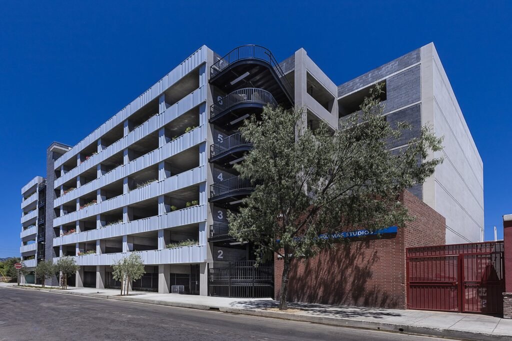 Completed seven-story studio parking structure in Hollywood